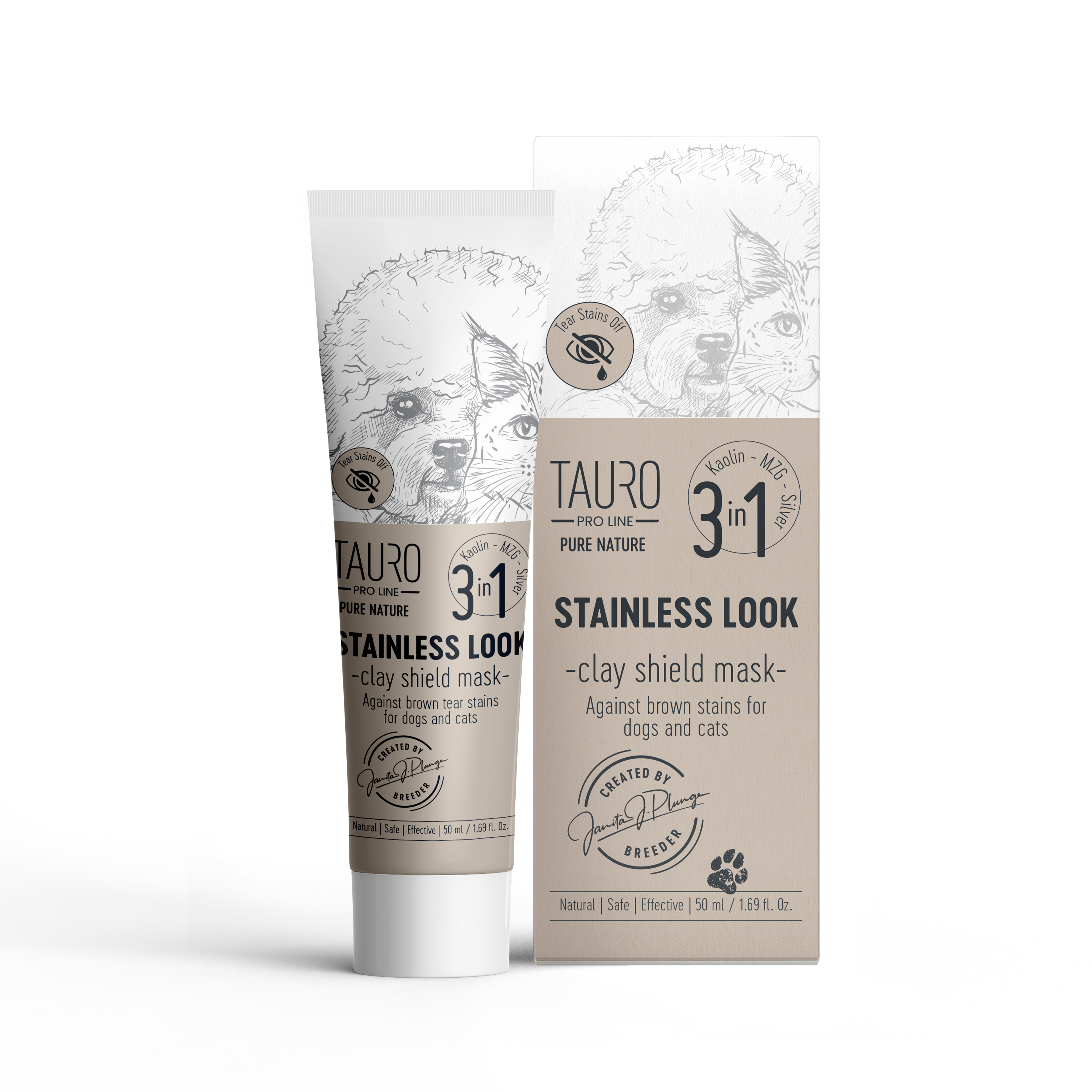 Tauro Pro Line Pure Nature Stainless look 3in1, natural clay mask to prevent tear stains on the coat for dogs