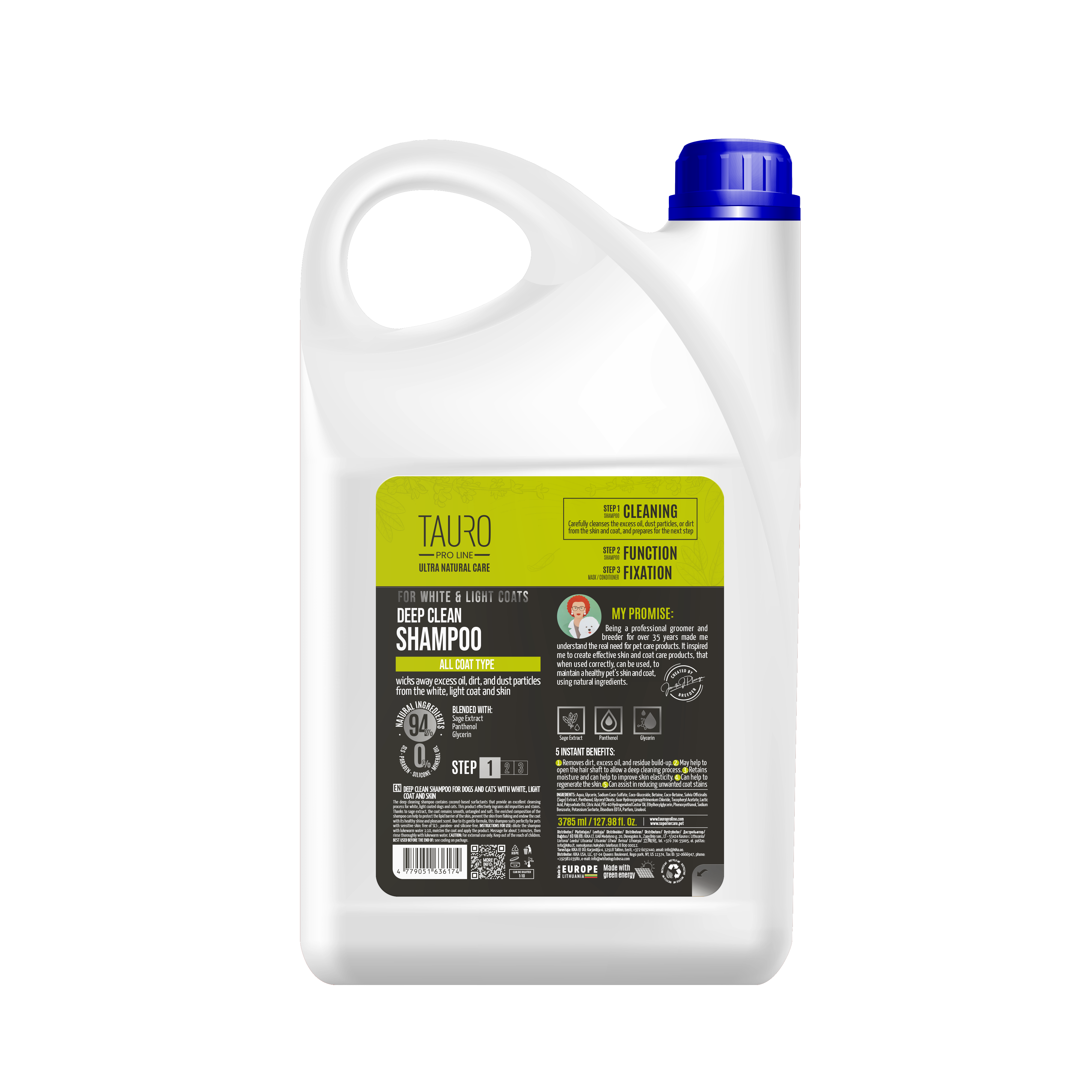 TAURO PRO LINE Ultra Natural Care for White and Light Coats, Deep Clean Shampoo, deep clean shampoo for dogs and cats with white, light coat and skin