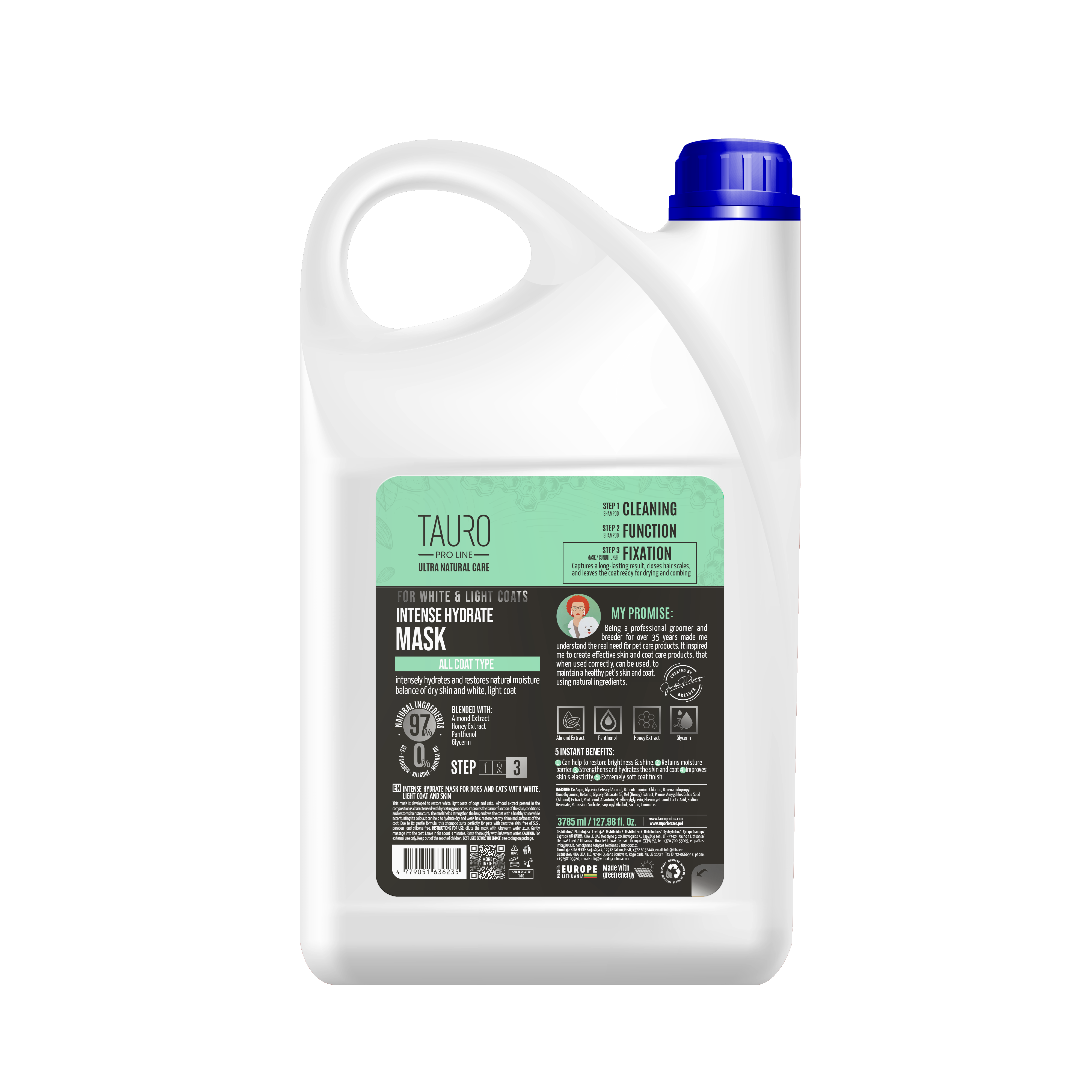 TAURO PRO LINE Ultra Natural Care for White and Light Coats, Intense Hydrate Mask, intense hydrate mask for dogs and cats with white, light coat and skin