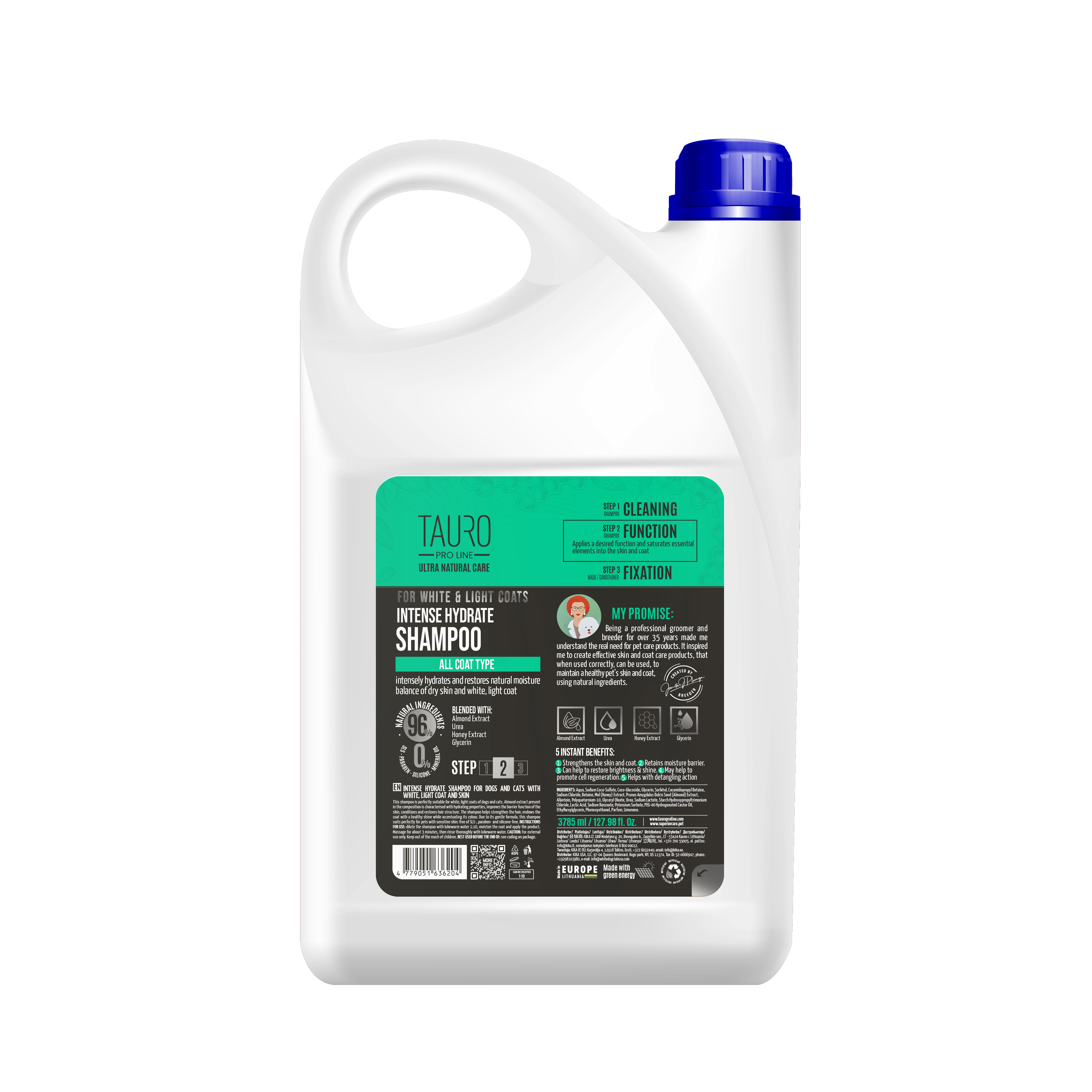 TAURO PRO LINE Ultra Natural Care for White and Light Coats, Intense Hydrate Shampoo, intense hydrate shampoo for dogs and cats with white, light coat and skin