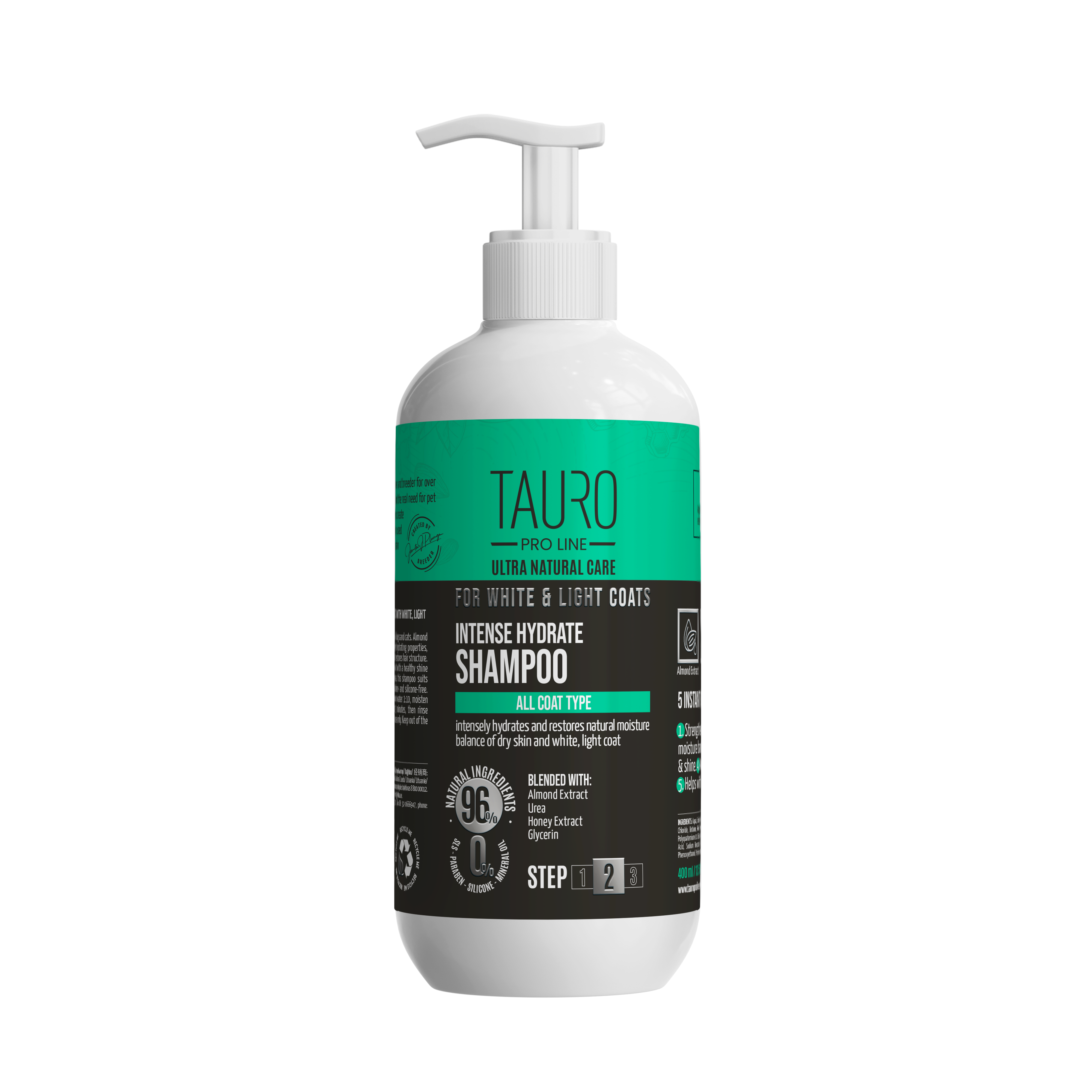 TAURO PRO LINE Ultra Natural Care for White and Light Coats, Intense Hydrate Shampoo, intense hydrate shampoo for dogs and cats with white, light coat and skin